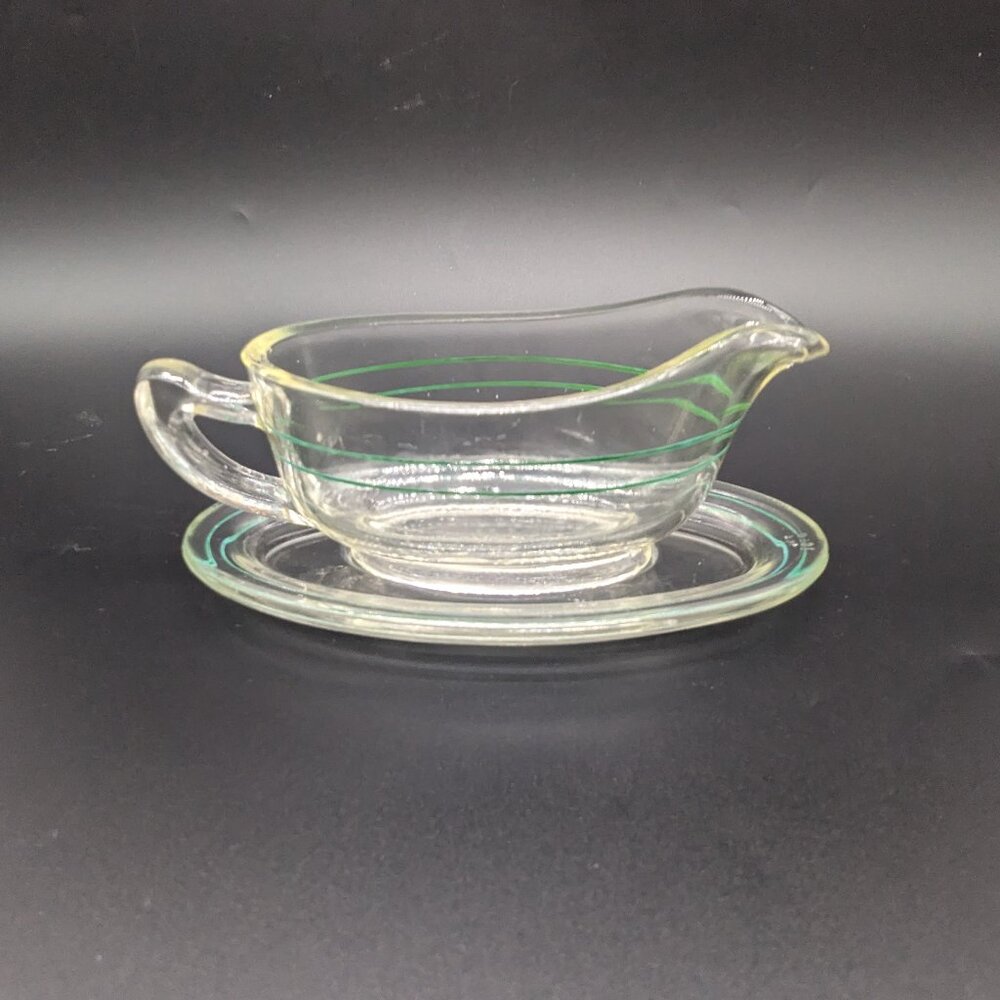 Vintage JP Pyrex England Small Gravy Boat Base Clear Glass Green Band Flake Chip